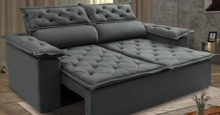 Sofá retrátil cinza com tecido suede velusoft