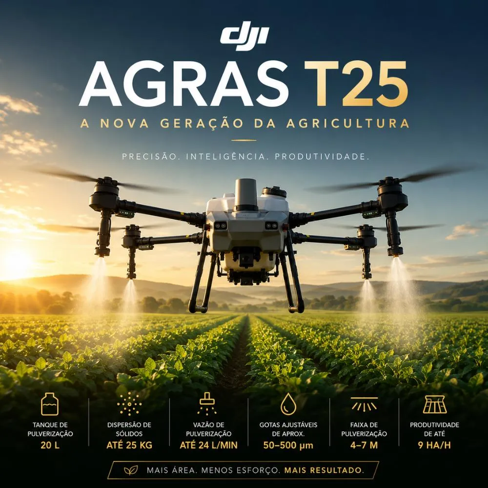 DJI AGRAS T25 leva pulverização, dispersão e mapeamento ao campo