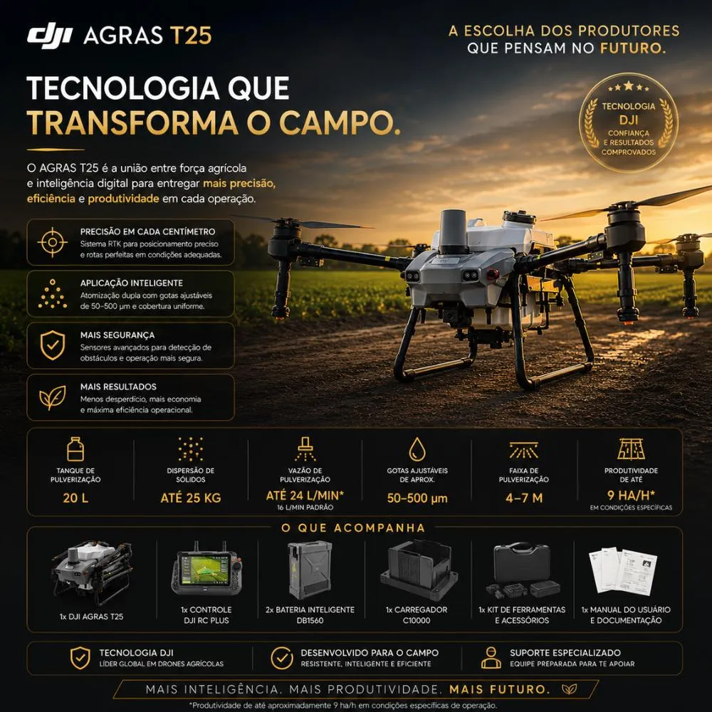 DJI AGRAS T25 leva pulverização, dispersão e mapeamento ao campo