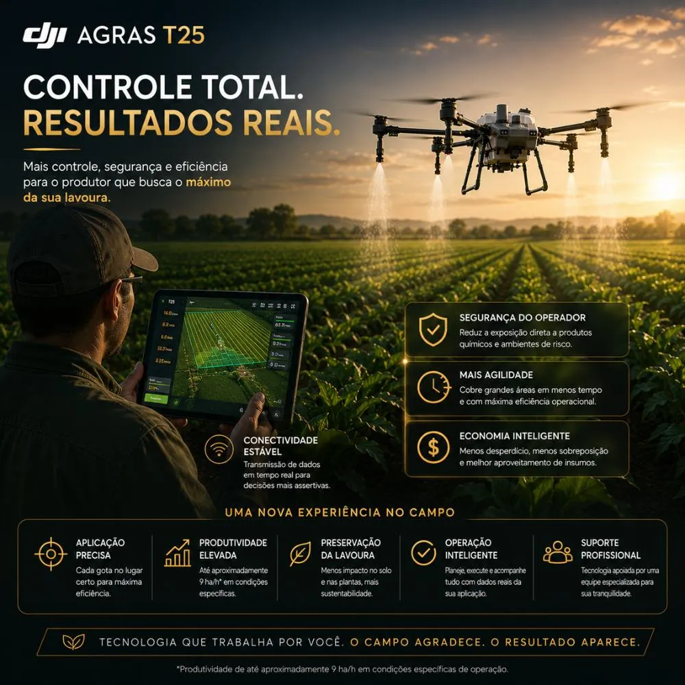 DJI AGRAS T25 leva pulverização, dispersão e mapeamento ao campo