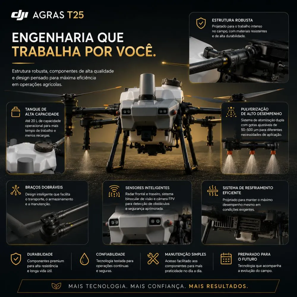 DJI AGRAS T25 leva pulverização, dispersão e mapeamento ao campo